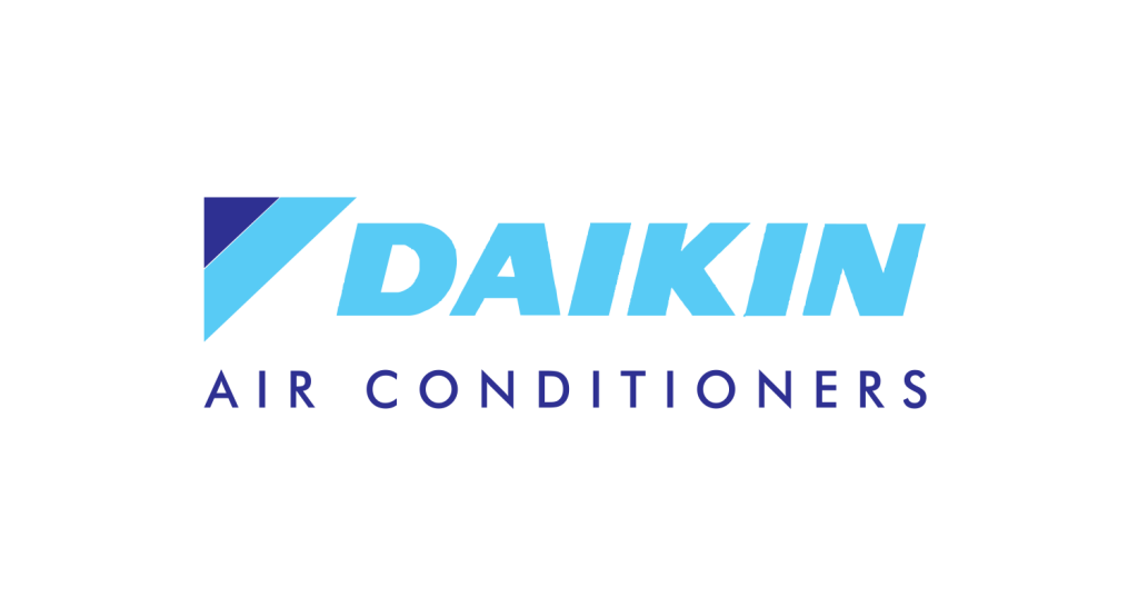Blue 'Daikin' text logo with 'AIR CONDITIONERS' below it on a gray background.