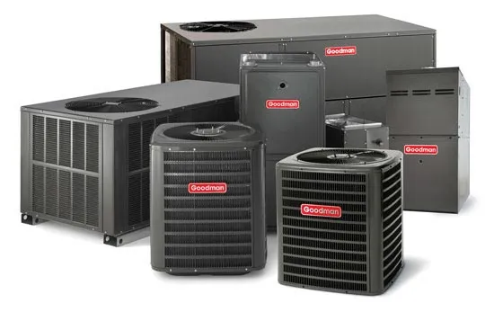 Multiple Goodman air conditioner units in a row.