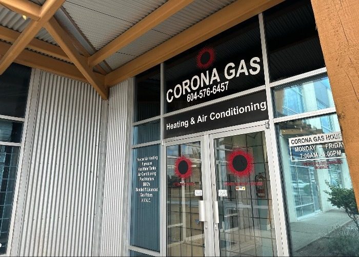 The storefront of Corona Gas, a heating and air conditioning business.